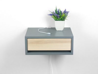 Devon Gray Floating Nightstand with Door, Floating Bedside Table, Wall Mount Contemporary Nightstand, Side Table