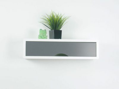 contemporary floating shelf, white wall cabinets gray