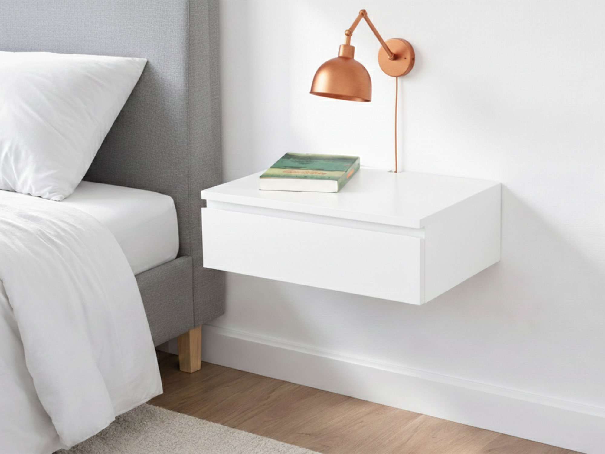 Blanca Sleek White Floating Drawer Nightstand, Modern Bedside Table