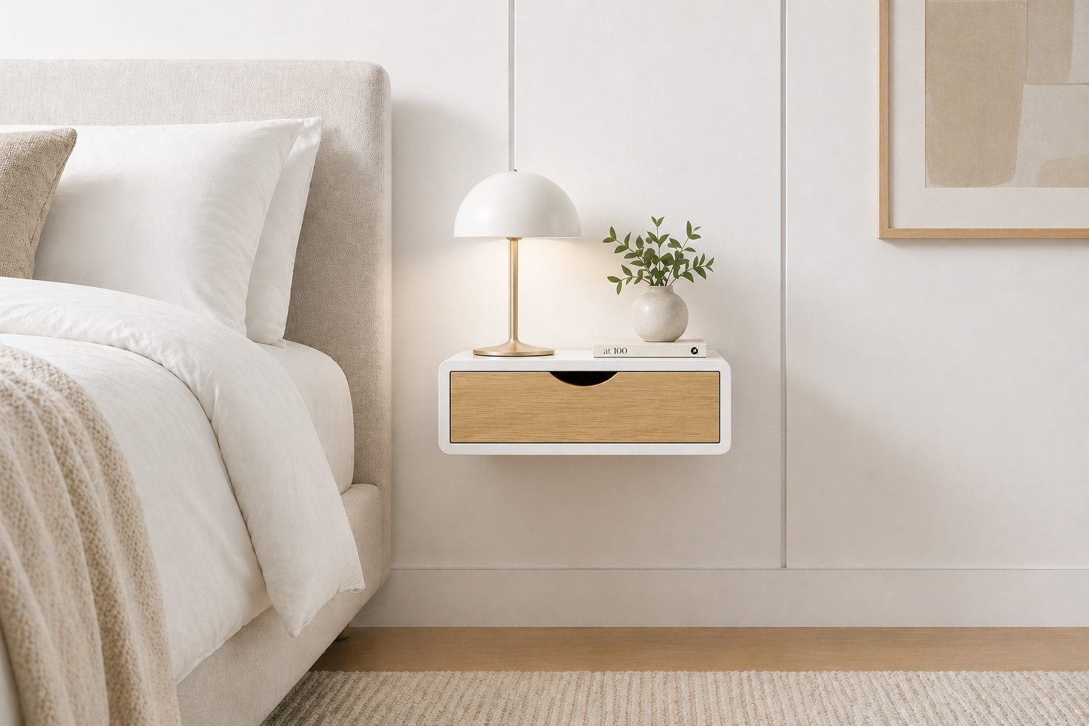 Denali Mid-Century Modern White Floating Nightstand, Wall Mount Side Table