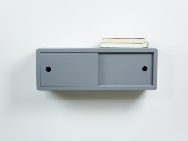 Grey Floating Shelf with Sliding Doors, Wall Mount Cabinet