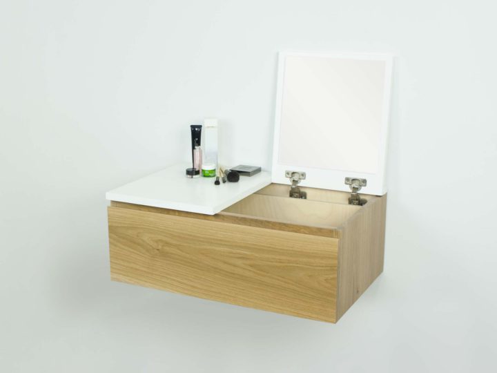 Solid White Oak Floating Make-up Vanity, Wall Mount Desk