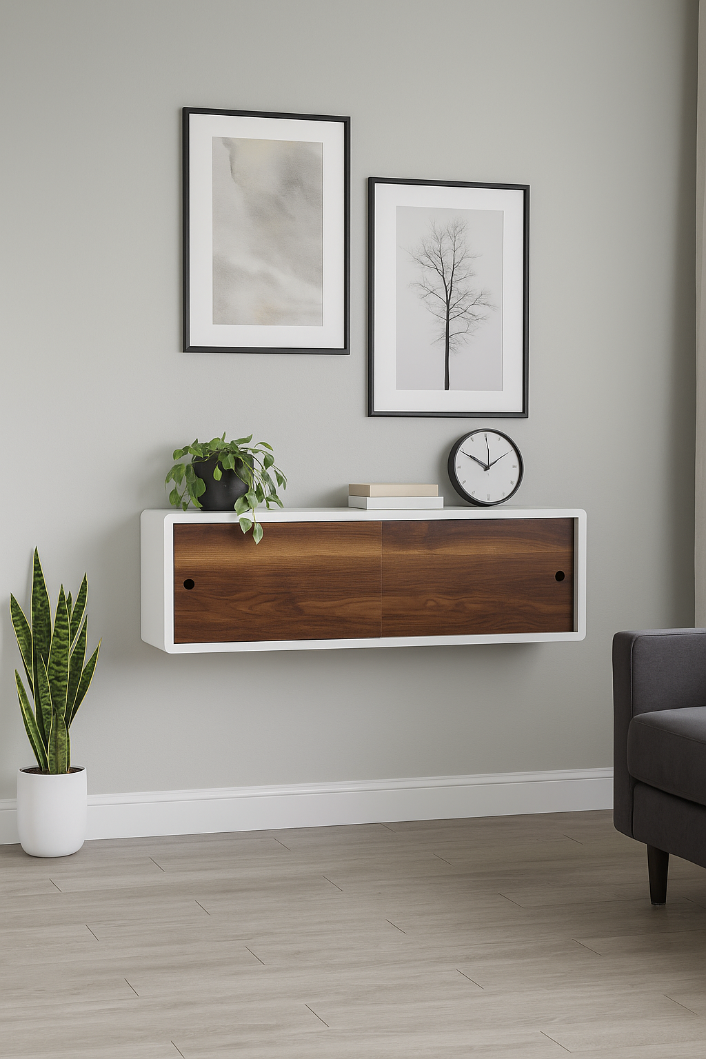 wall cabinet with walnut sliding doors