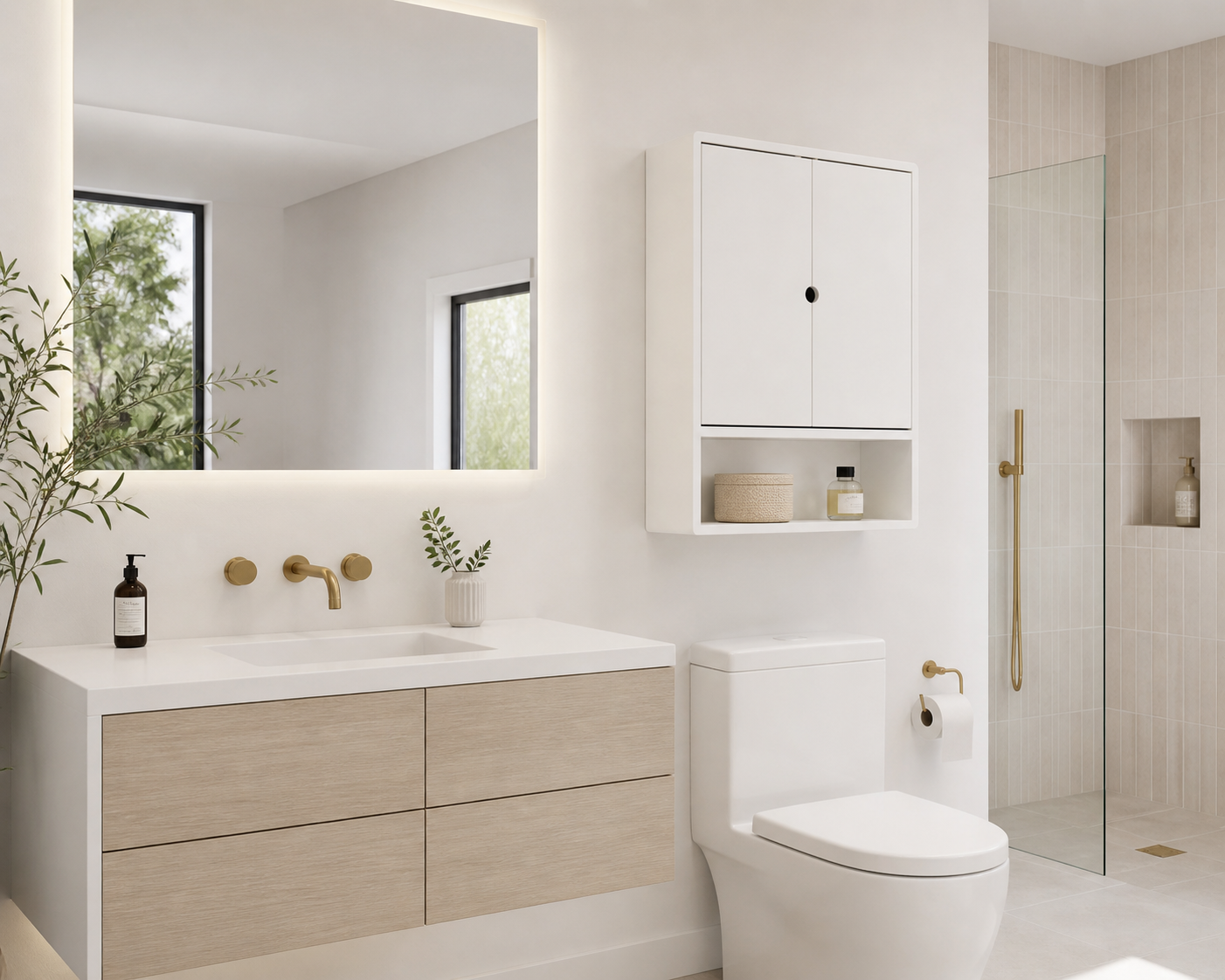 Premium Bathroom Wall Cabinet – White Lacquer Wall Mounted Storage with Open Shelf
