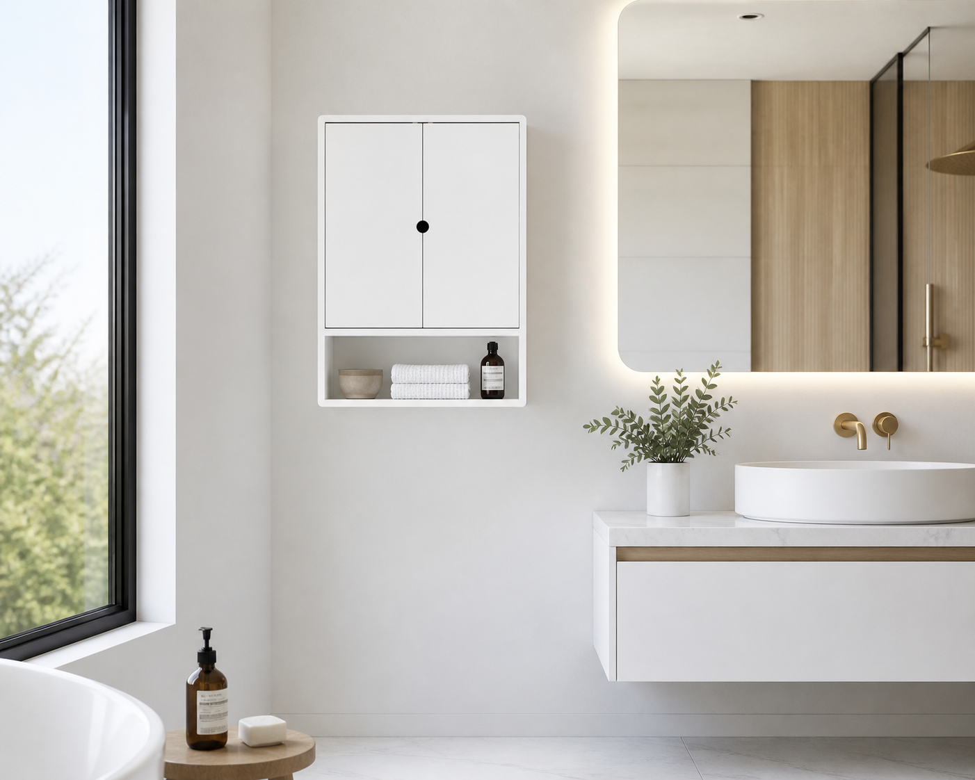 Premium Bathroom Wall Cabinet – White Lacquer Wall Mounted Storage with Open Shelf